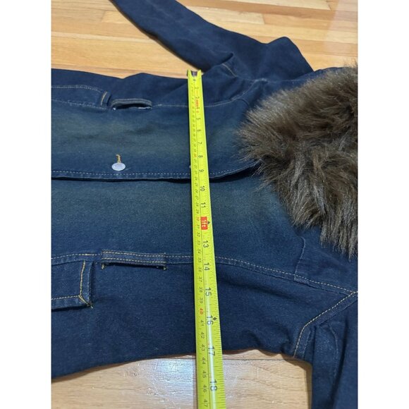 MIXIT Women’s Denim Long Coat Size 6 Faux Fur Collar Vintage Y2K Stretch - Picture 6 of 10